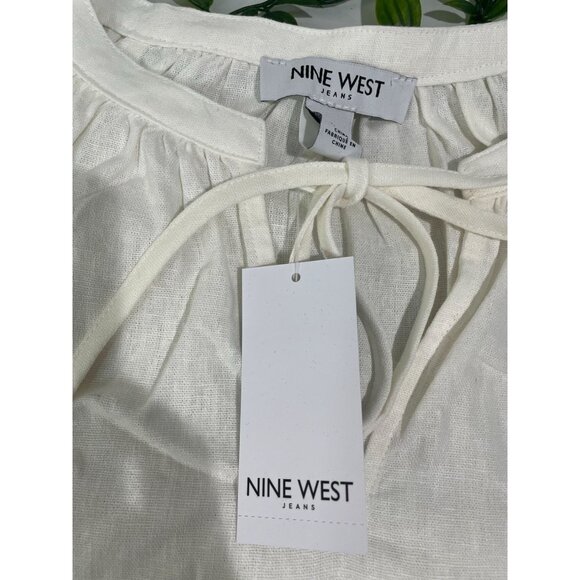 Nine West White Linen Blend Peasant Blouse With Elastic Cuffs & Tie Neck Size L - Picture 7 of 13